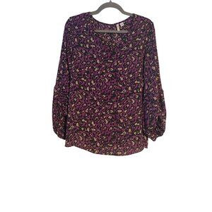 Cato Womens Purple Leopard Print Blouse 3/4 Sleeves Size M Flowy Peasant Artsy